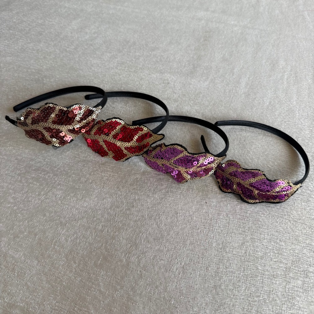 4PC Sequin Leaf Headbands Set Red Purple Bronze Gold Statement Hair Accessories
